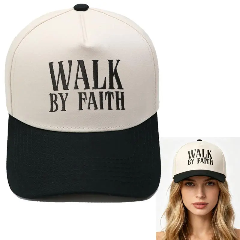 Inspirational Walk By Faith Embroidered Two Tone Cotton Canvas Baseball Cap For Women Clean Girl Aesthetic Weekend Casual Hat