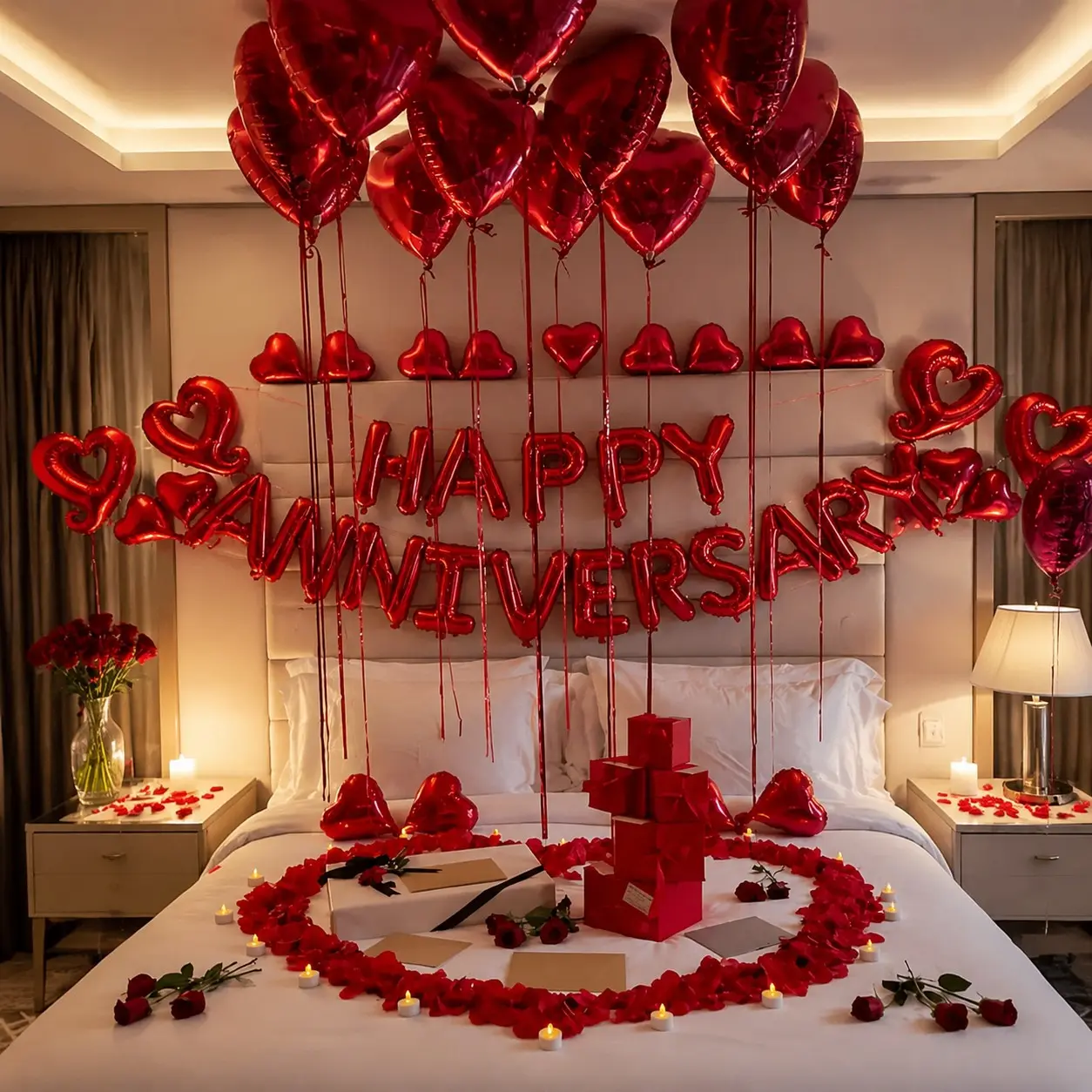 Romantic Anniversary Decoration Set, Red Heart Balloons & 1000Pcs Artificial Rose Petals, Valentine's Day Surprise Room Decor, Wedding Anniversary Party Decoration
