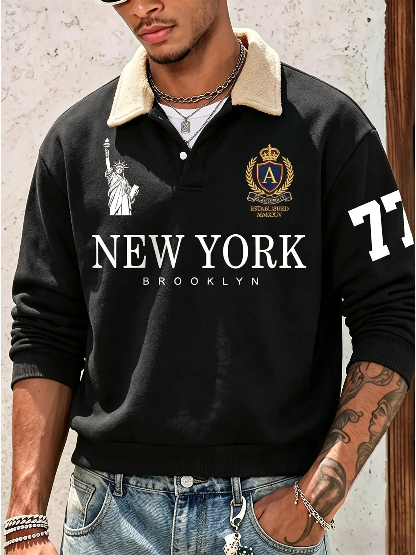 Men's Y2K American Vintage Statue of Liberty Print Sheep Lamb Fur Collar Polo Sweatshirt, Oversized Casual Long Sleeve Fleece Pullover, Retro College Style Streetwear for Daily, Work, Outdoors, Fitness, Street Fashion, Layering