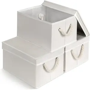 Set of 3 Fabric Bins for Organization - Foldable & Stackable With Lid & Rope Handles - Collapsible Fabric Storage Cubes Lightweight & Sturdy Bottom, Space Saving Collapsible Bin, Ivory