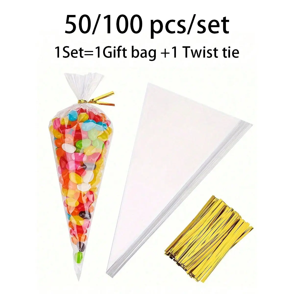 Transparent Conical Glass Paper Gift Bags with Twist Tie, Ideal for Popcorn, Candy, Small Business Packaging, 50/100 Pieces/set