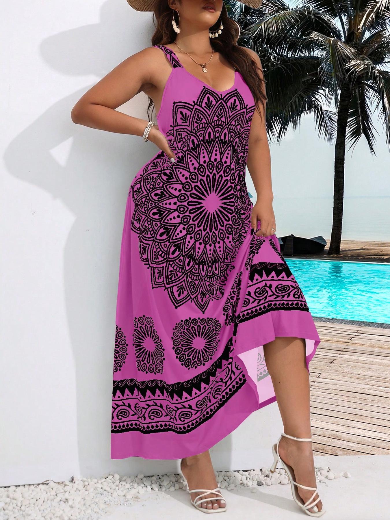 Plus Size Ethnic Pattern Backless Scoop Neck Cami Fitted Dress, Casual Boho Fashion Sleeveless A Line Long Dress for Beach Holiday Vacation, Women's Plus Clothing for Summer