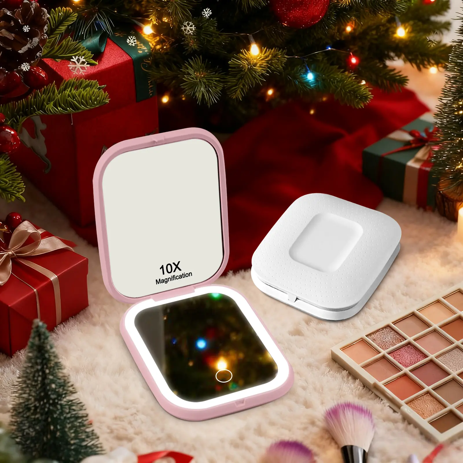 10X Magnifying Compact Mirror, 1X/10X Dual-Sided LED Illuminated Makeup Mirror, Type-C Rechargeable Foldable Design, Portable Travel & Daily Use Cosmetic Tool, Portable Folding Travel Mirror, Rechargeable Lighted Mirror, Vanity Mirror