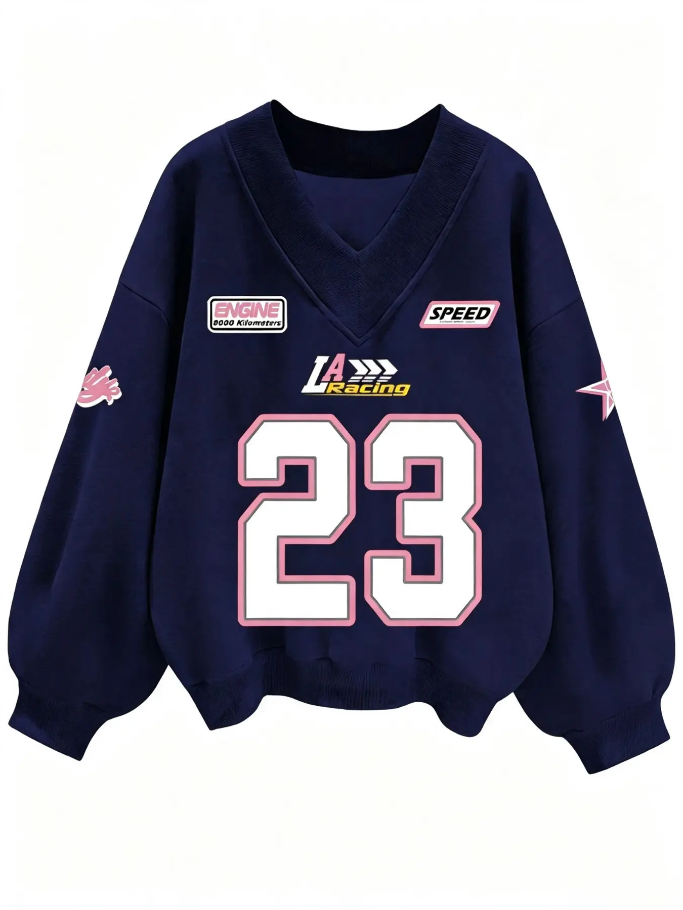 Women's navy blue V-neck sweatshirt with a Los Angeles race car number 23 print. A loose-fitting, vintage retro motorcycle-style pullover, suitable for street style, everyday wear, and school settings.