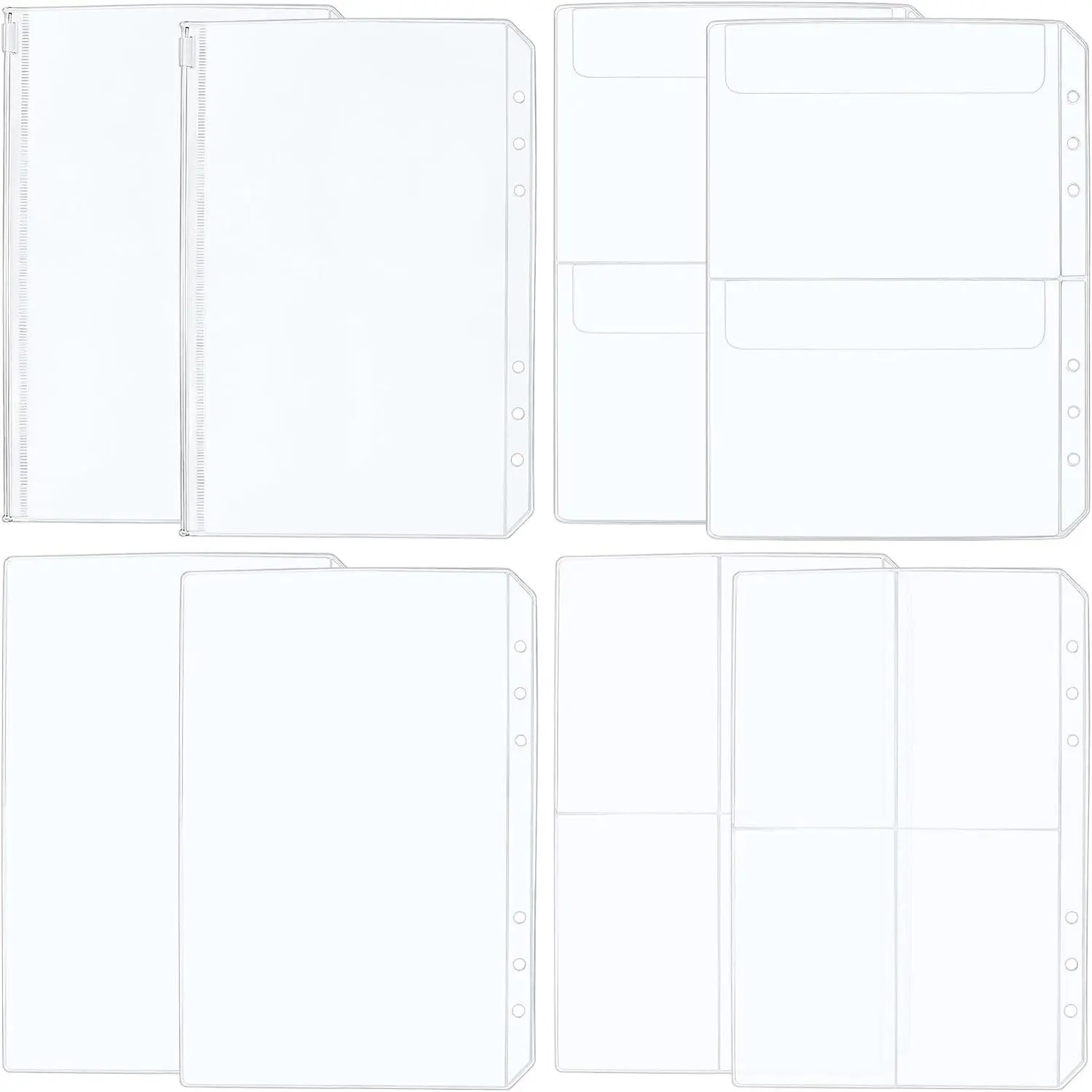 8 count A5 Binder Pockets, 4 Styles Clear Binder Inserts Zipper Folders,  PVC A5 Planner Inserts Sleeves Budget  Envelope Pouches for 6-Ring Loose Leaf, Document, Saving Challenges