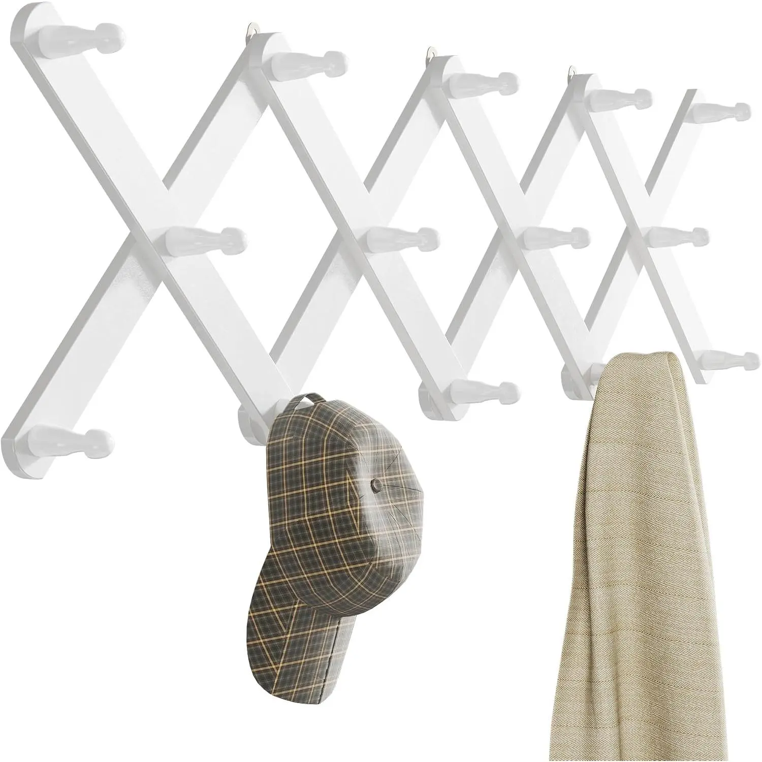 Accordion Wall Hanger with 14 Pegs, Expandable Wooden Coat & Hat Rack | White Color, Hat Display Rack, X Shape Rack for Coat, Hats, Bags, Baseball Caps, Coffee Mug,