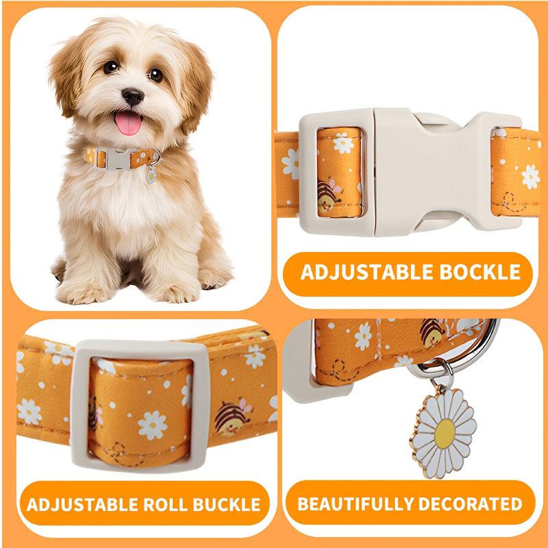 Personalized Bee & Daisy Dog Collar - Cute Orange Floral Collar with Quick Release Buckle, Adjustable & Durable for Small Medium Dogs Cats
