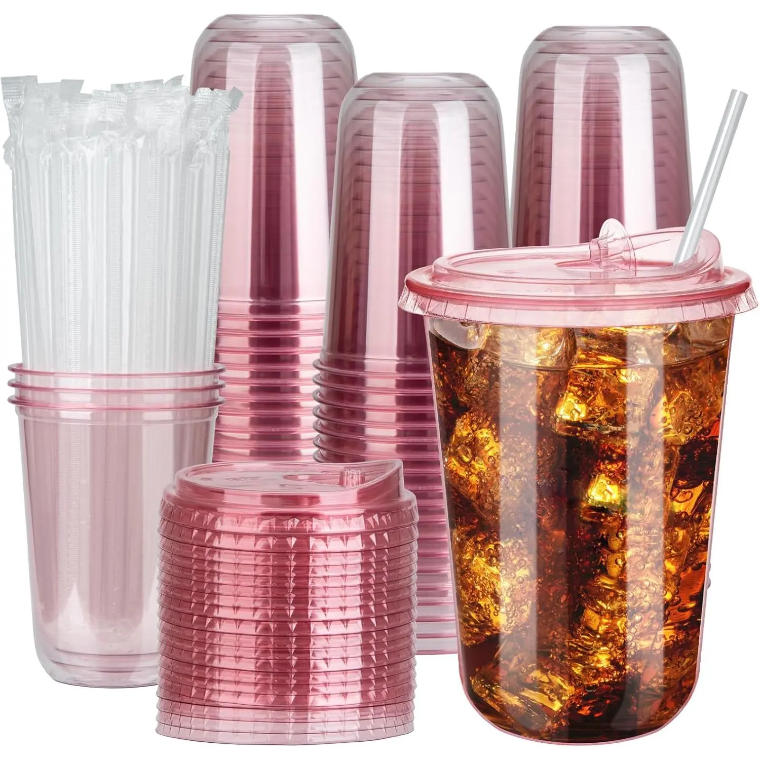 100 Sets 16oz Disposable Stemless Plastic Cups with Strawless Sip Lids, Clear PET Coffee Cups  Iced Coffee, Smoothies, Cold Drinks, Halloween, Christmas, Party and Drink Shop Supplies (Pink (16oz))