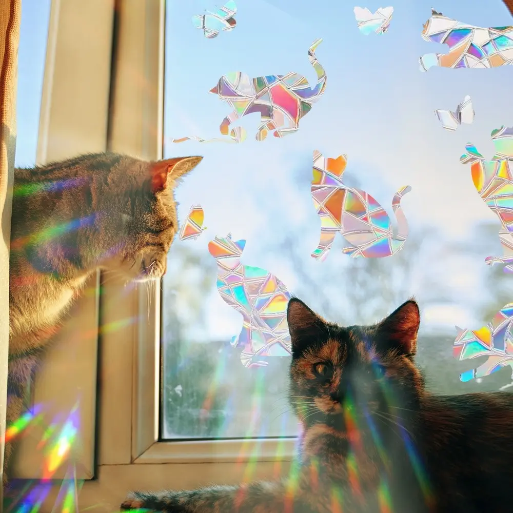 1 Sheet Cats and Butterfly Suncatcher Rainbow Window Stickers,Contemporary Reusable Prismatic Film to Prevent Birds Strike Non-Adhesive Decals,16mil Static Cling PVC for Smooth Glass Surfaces,Summer Rainbow Light Catcher Decors