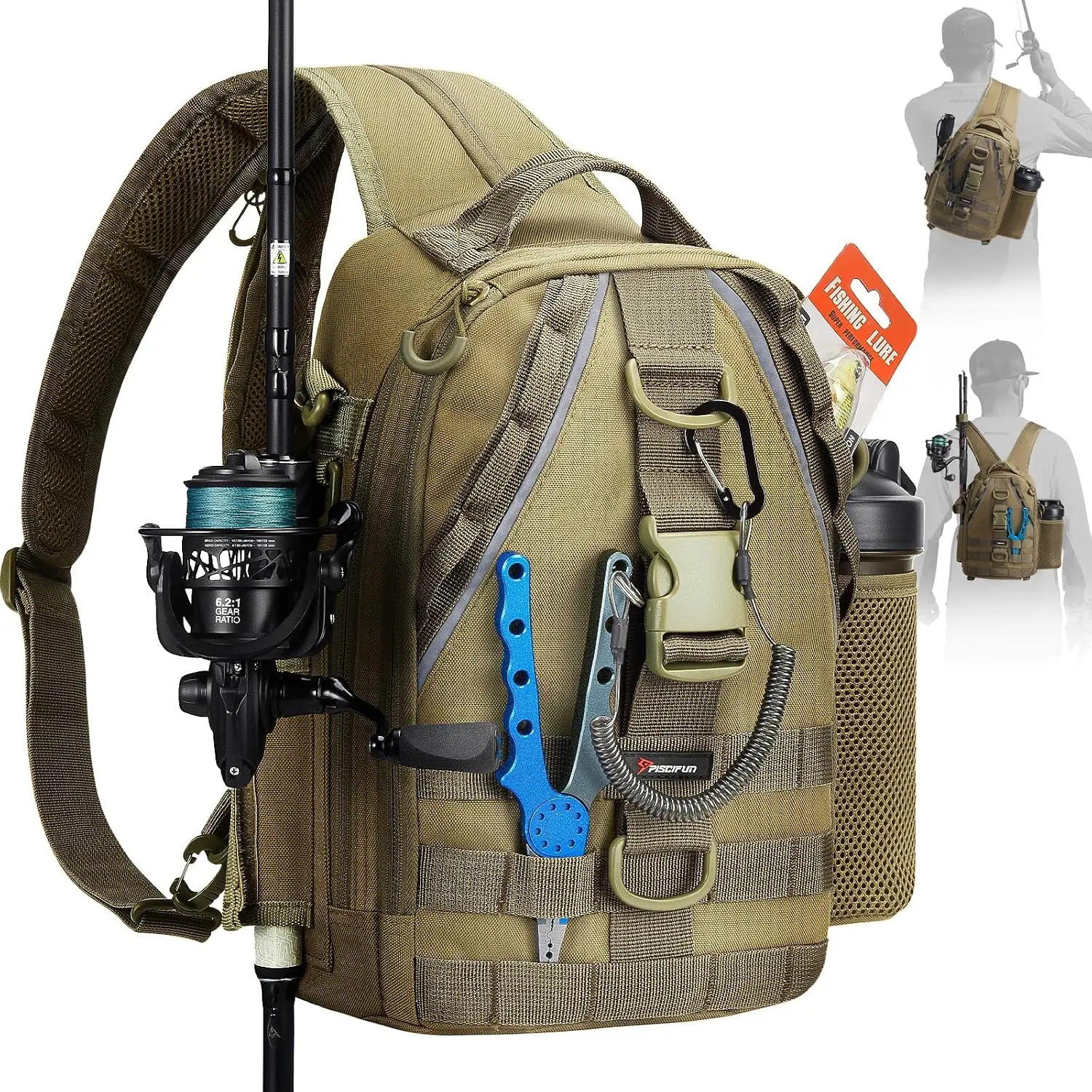 Piscifun Lightweight Khaki Fishing Sling Backpack with Rod Holders, 2x3600 Trays, Bottle Pocket, MOLLE Loops, 4-Way Carry for Short Bank Fishing Trips