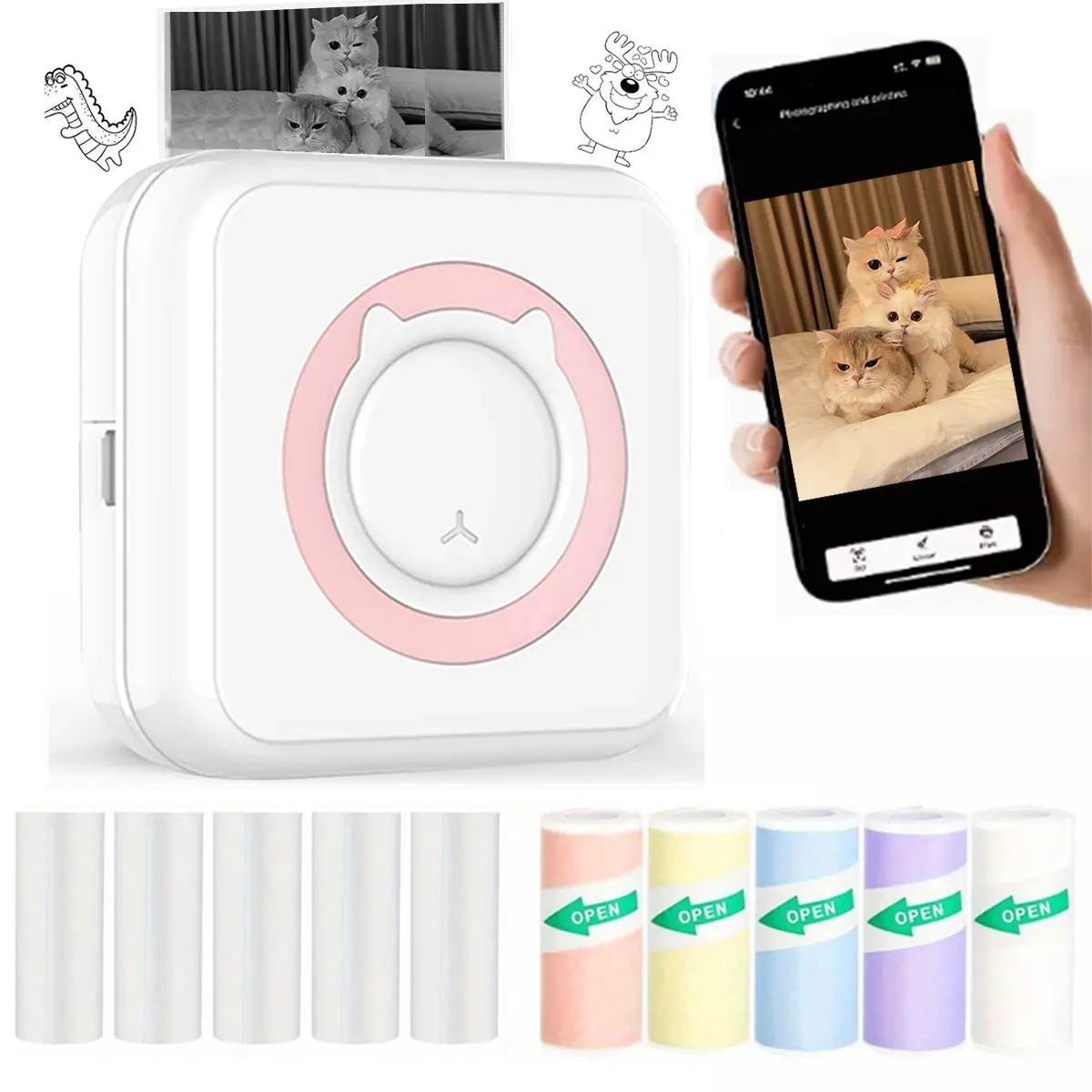 Mini Printer Portable Thermal Inkless Sticker Printer with 10 Rolls of Paper, Perfect for Photos, DIY Projects, Scrapbooking and Notes