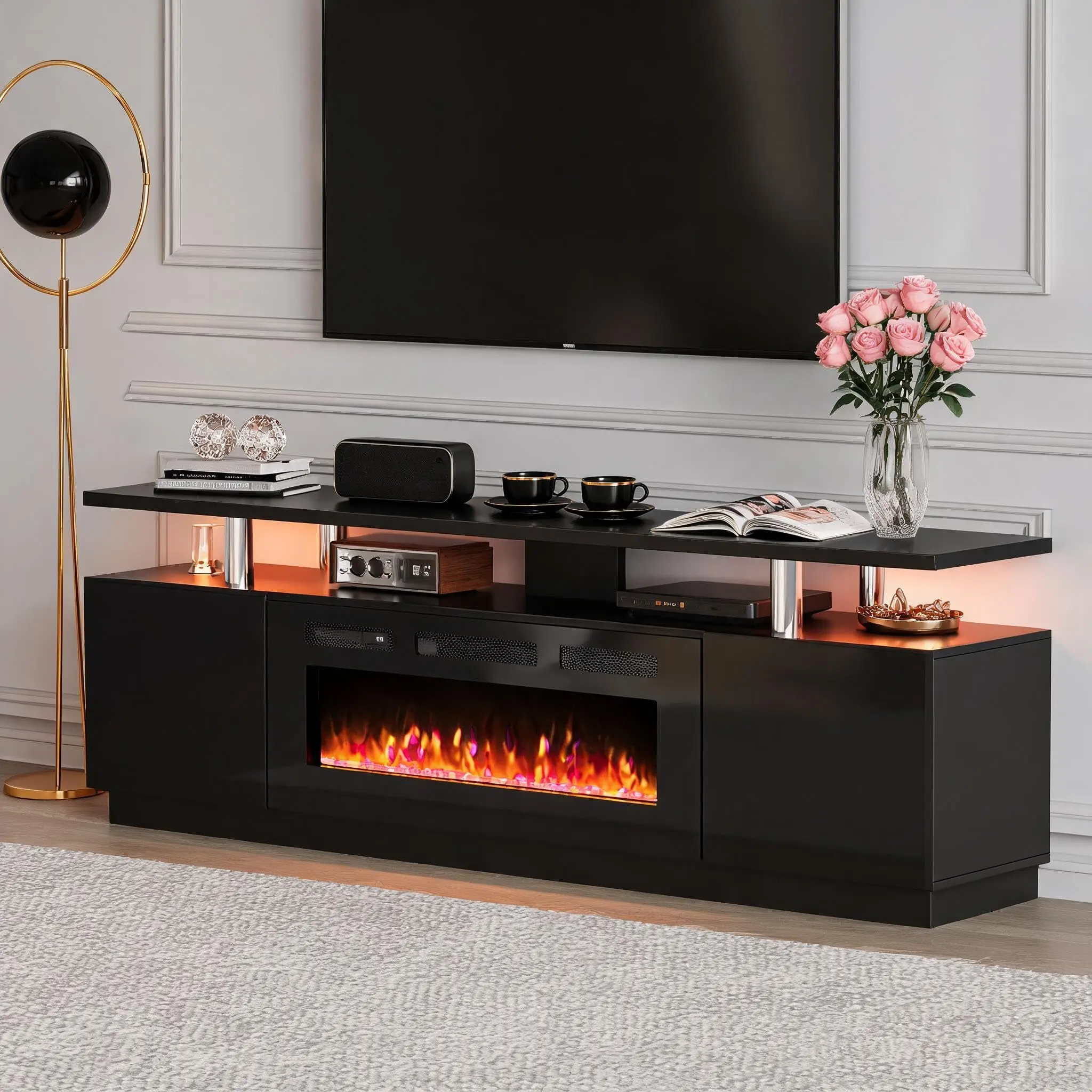 GAOMON Fireplace TV Stand - 70in 2-Tier Black Media Console with 36in Indoor Rectangular Electric Fireplace Insert, Modern Design, Modern Home Decor, Functional Storage, Home Heating & Entertainment Solution