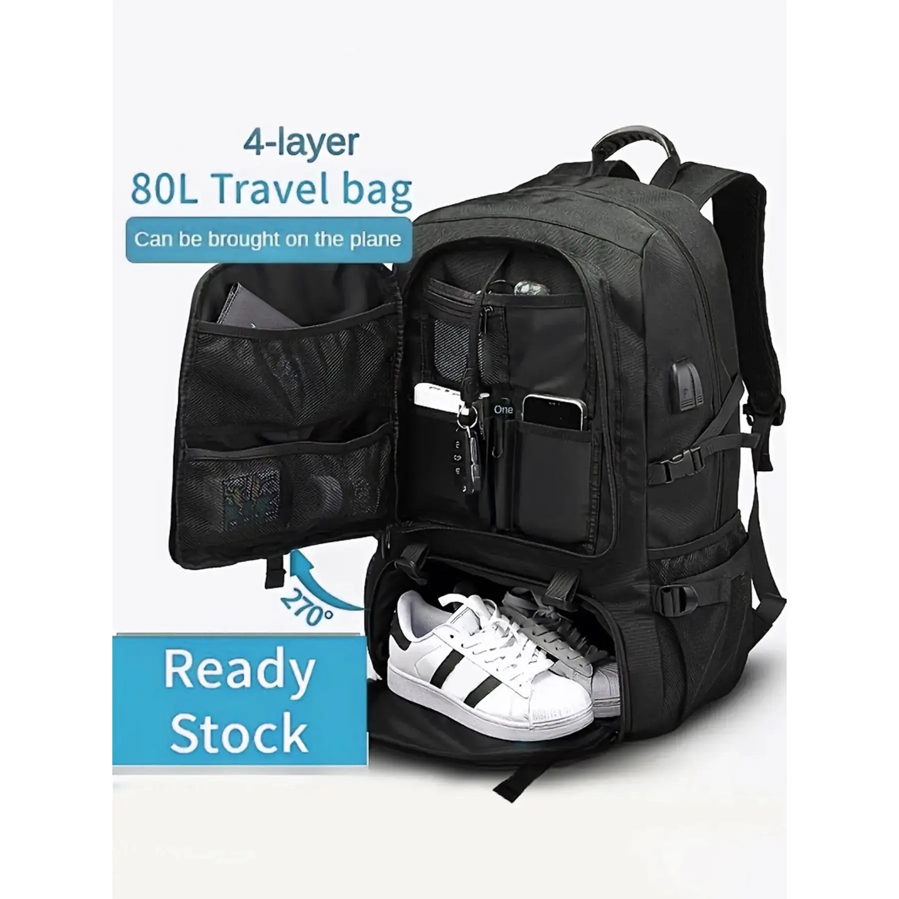 Travel Backpack with Shoe Compartment and Laptop Sleeve, Large Capacity Men's Shoulder Bag, Waterproof Hiking Pack, Carry On Backpack