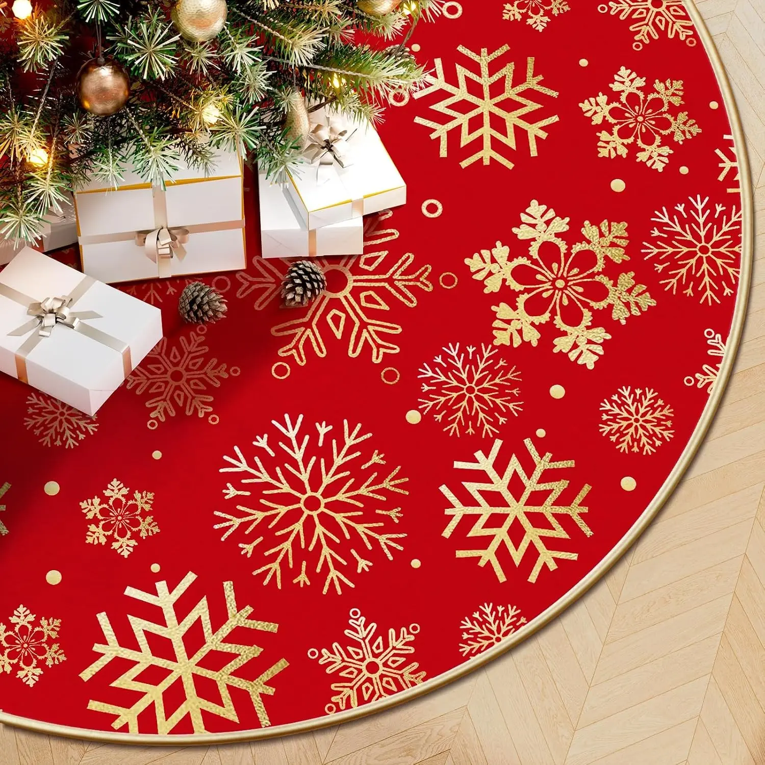 36 Inch Round Red Snowflake Christmas Tree Skirt, Xmas Tree Cover for 4-6ft Christmas Tree, Decoration for Christmas and New Year Party
