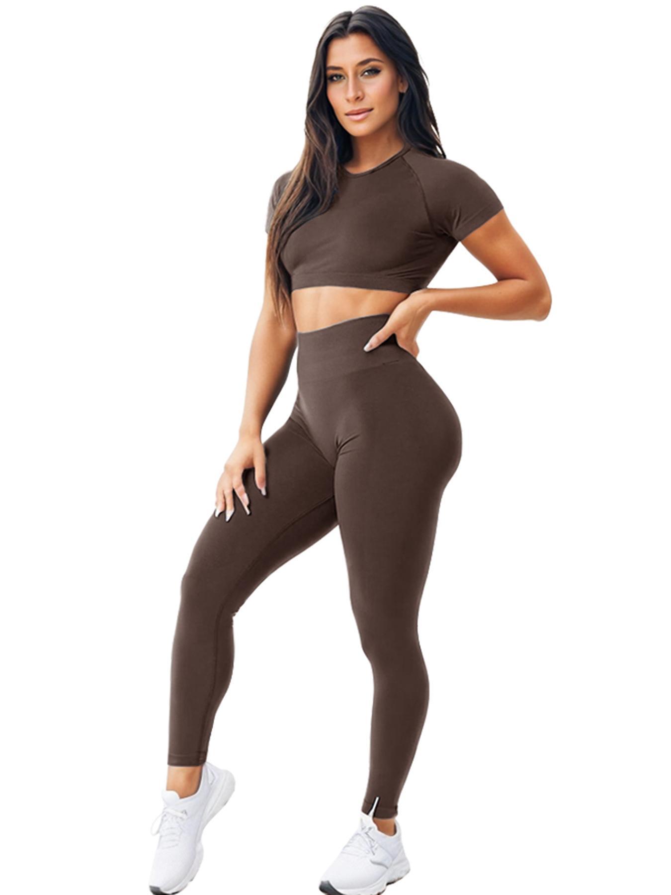 Two-Piece Set Women's Solid Crop Top & High Waist Leggings Tracksuit Set, Sporty Breathable Comfy for Yoga Gym Workout Running, Ladies Sportswear for All Seasons, Gym Workout Clothes