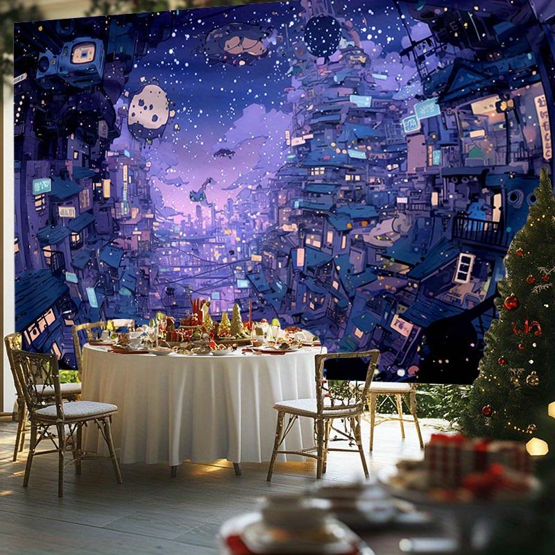 Starry Night Anime Town Tapestry - Polyester Wall Hanging for Bedroom & Living Room Decor, Includes Free Accessories
