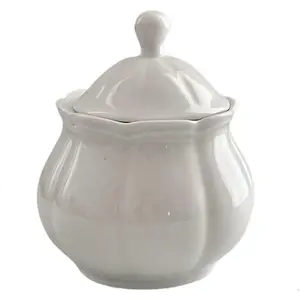 Vintage Embossed Ceramic Sugar Bowl with Lid Sugar Container Jar for Kitchen Countertop Coffee Bar White