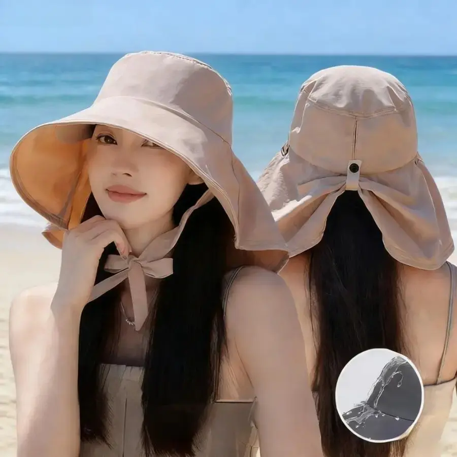 Korean Style Wide-Brim Sun Bonnet Hat with Fashion Shawl – Solar Protective Fisherman Headgear, Waterproof Double-Layer Quick-Dry Outdoor Sun & Rain Protection Hat for Spring & Summer Activities
