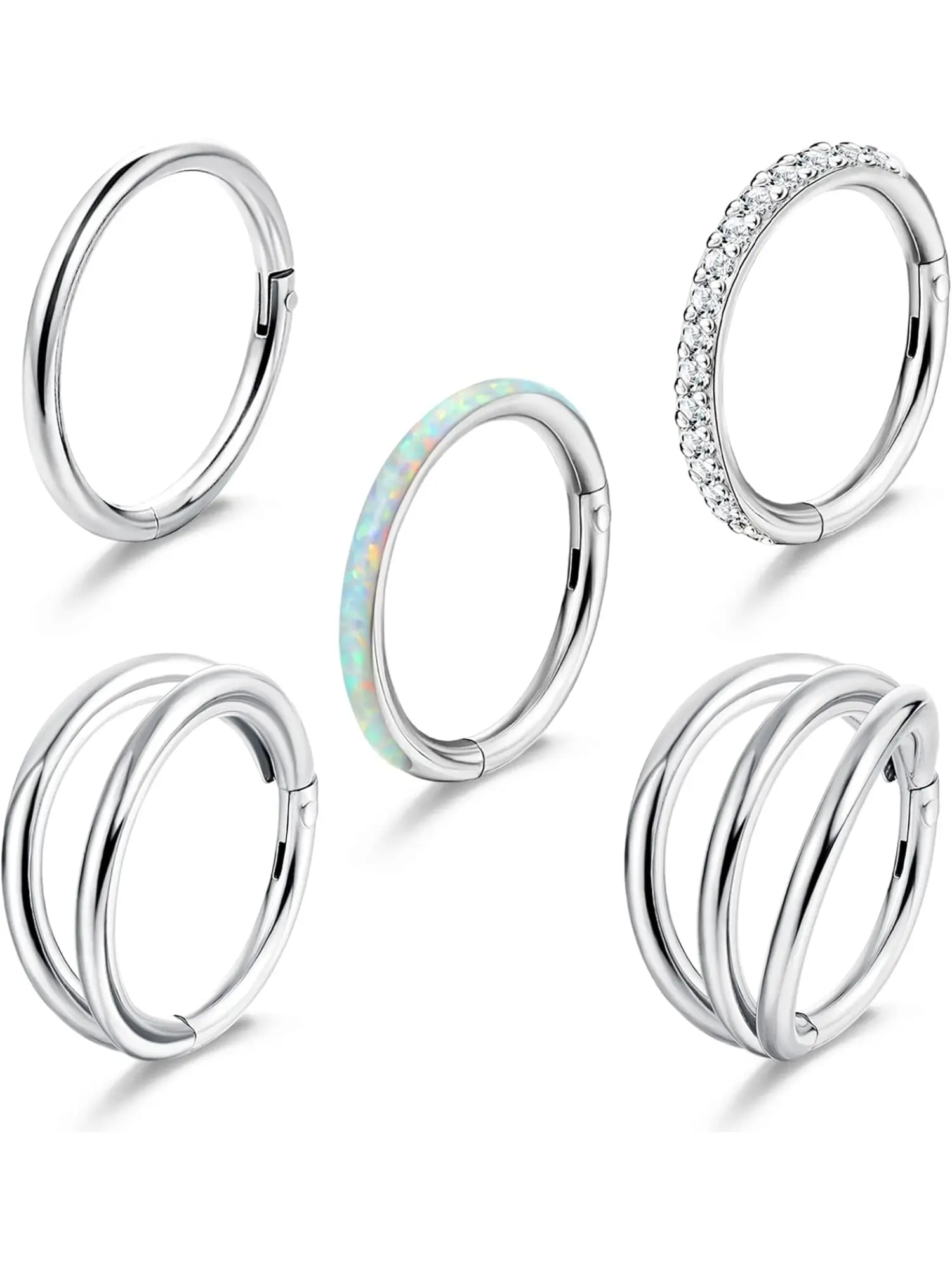 5Pcs Unisex 16G/18G Surgical Steel Hinged Clicker Piercing Hoop Bundle, Inlaid CZ & Opal 8mm & 10mm, For Nose Septum Lip Helix Conch Rook Cartilage Body Jewelry