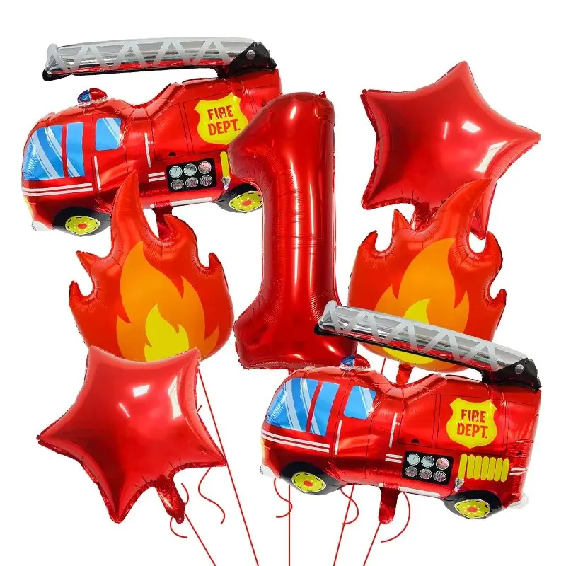 7pcs Fire Truck Flame Theme Number 0-9 Aluminum Foil Balloons Set, Kids Birthday Party Decorations, Baby Shower Balloon Arch Kit