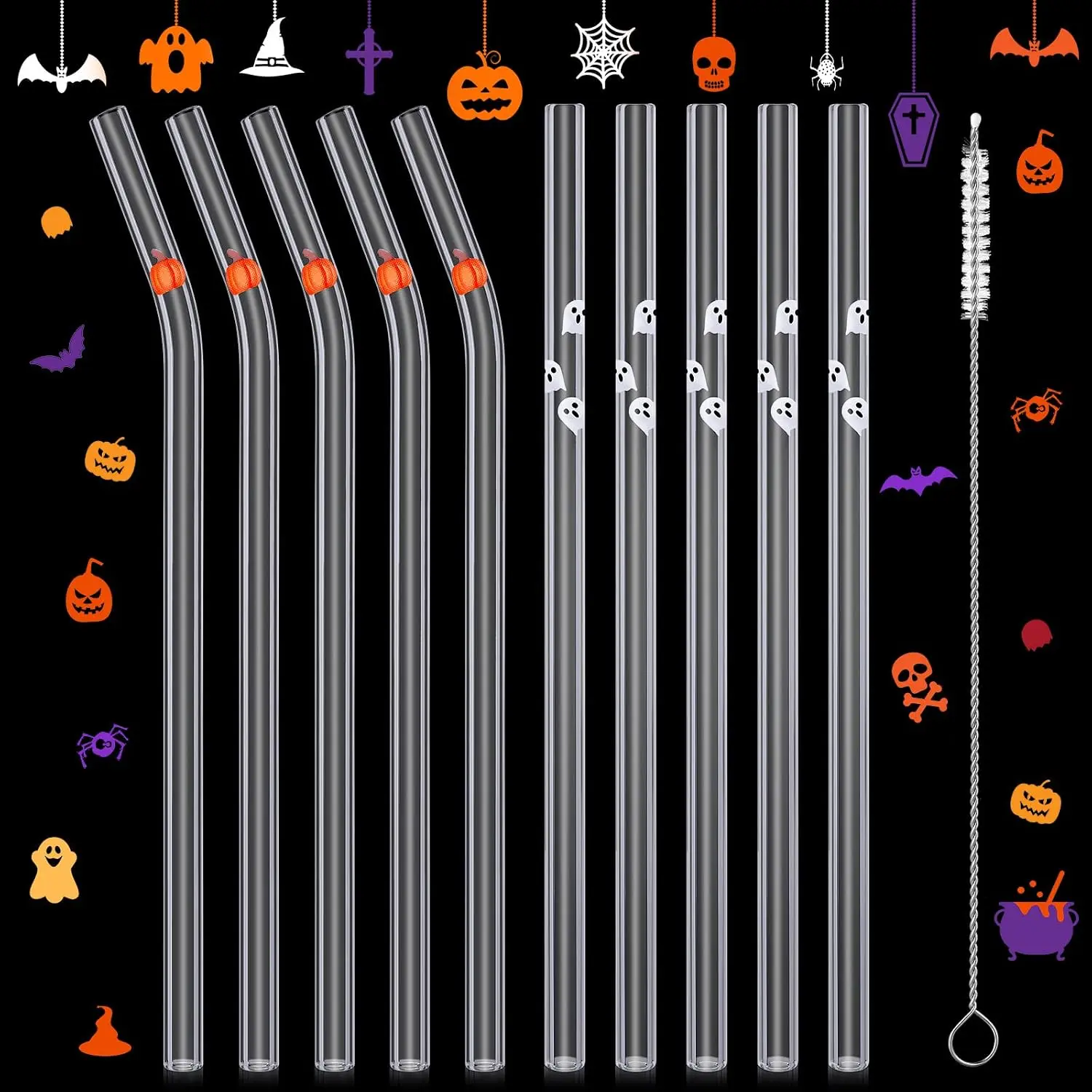10 count Halloween Themed Glass Drinking Straws Pumpkin   Decorative Drinking Straws with Cleaning Brush for Halloween Summer Party Supplies