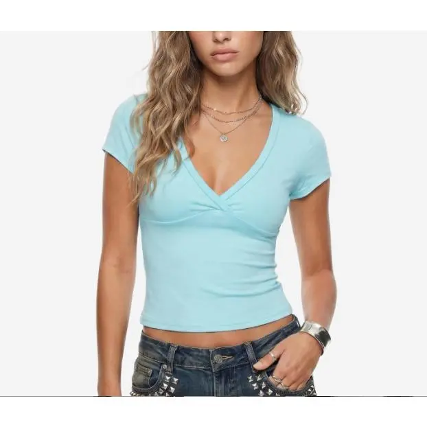 Womens Summer T Shirt Short Sleeve Cross Front V Neck Solid Color CasualFit Tops