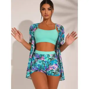 Emerald Green Floral Swimsuit For Women - Three Piece Bikini Set With Cover Up - Large Print Two Piece Swimsuit - Beachwear, Summer, Tropical