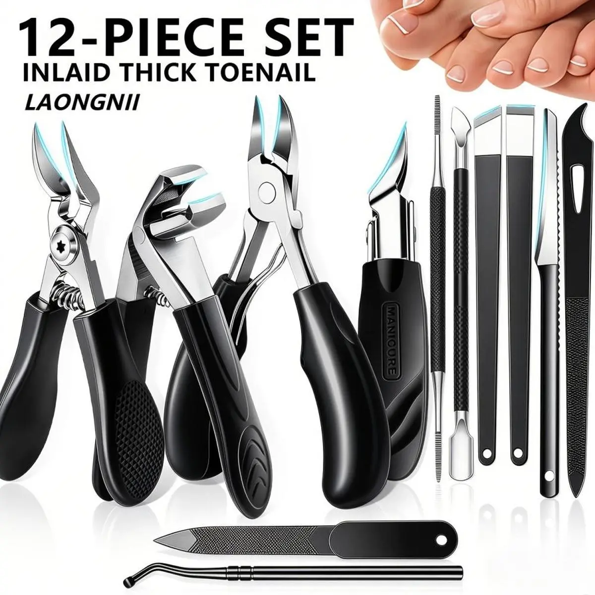 12PCS Heavy-Duty Stainless Steel Nail Clipper Set for Seniors - Thick/Hard/Ingrown Nail Toenail Clippers, Sharp Cutter, Scissors, Cuticle Pusher, Professional Manicure Pedicure Kit