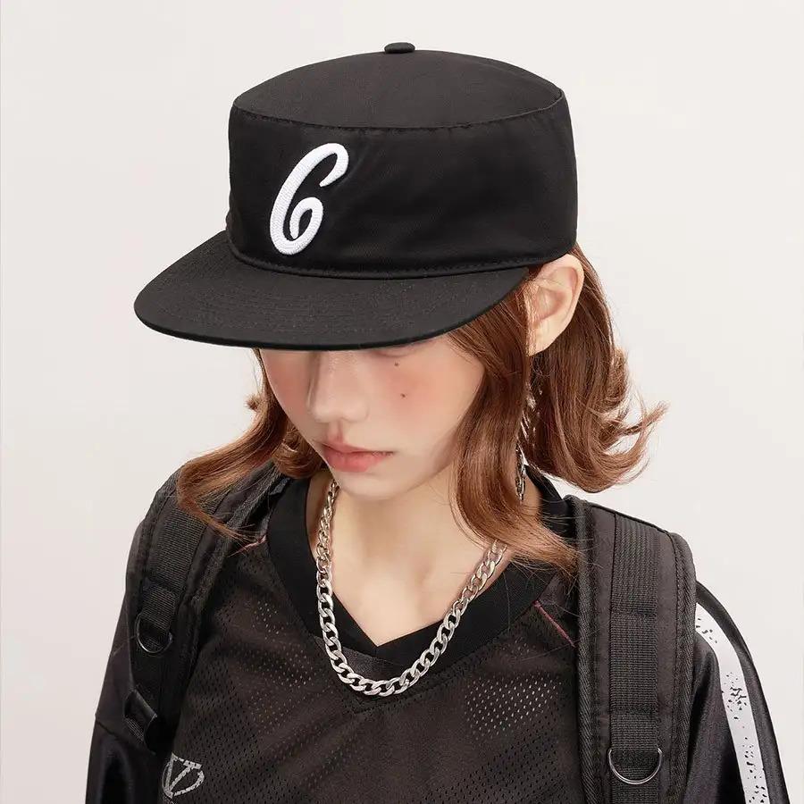2D Flat, Women's Retro 3D Pattern Embellished Flat-Top Cap with Adjustable Snap Closure - Breathable Sun-Shading Duck Tongue Brim, Casual & Back-to-School Hat for Everyday Outfits, Trendy Japanese/Korean Fashion (Black/White), Cute Lightweight Hat Women,