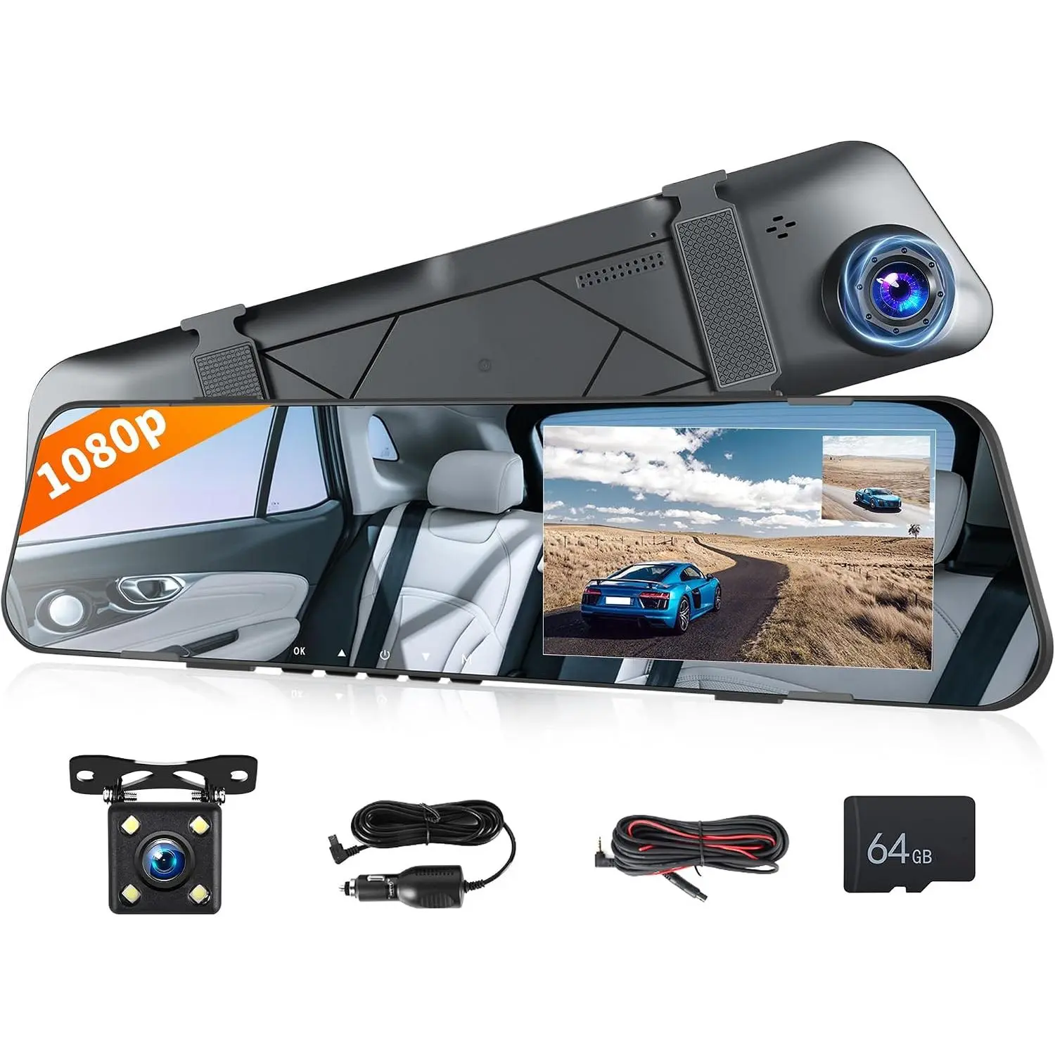 Rimoody 4.5in Mirror Dash Cam Front and Rear Car Accessory for Cars&Trucks, 1080p Video Dual Camera with Parking Mon, Reversing Assistance, Loop Recording, G-Sensor