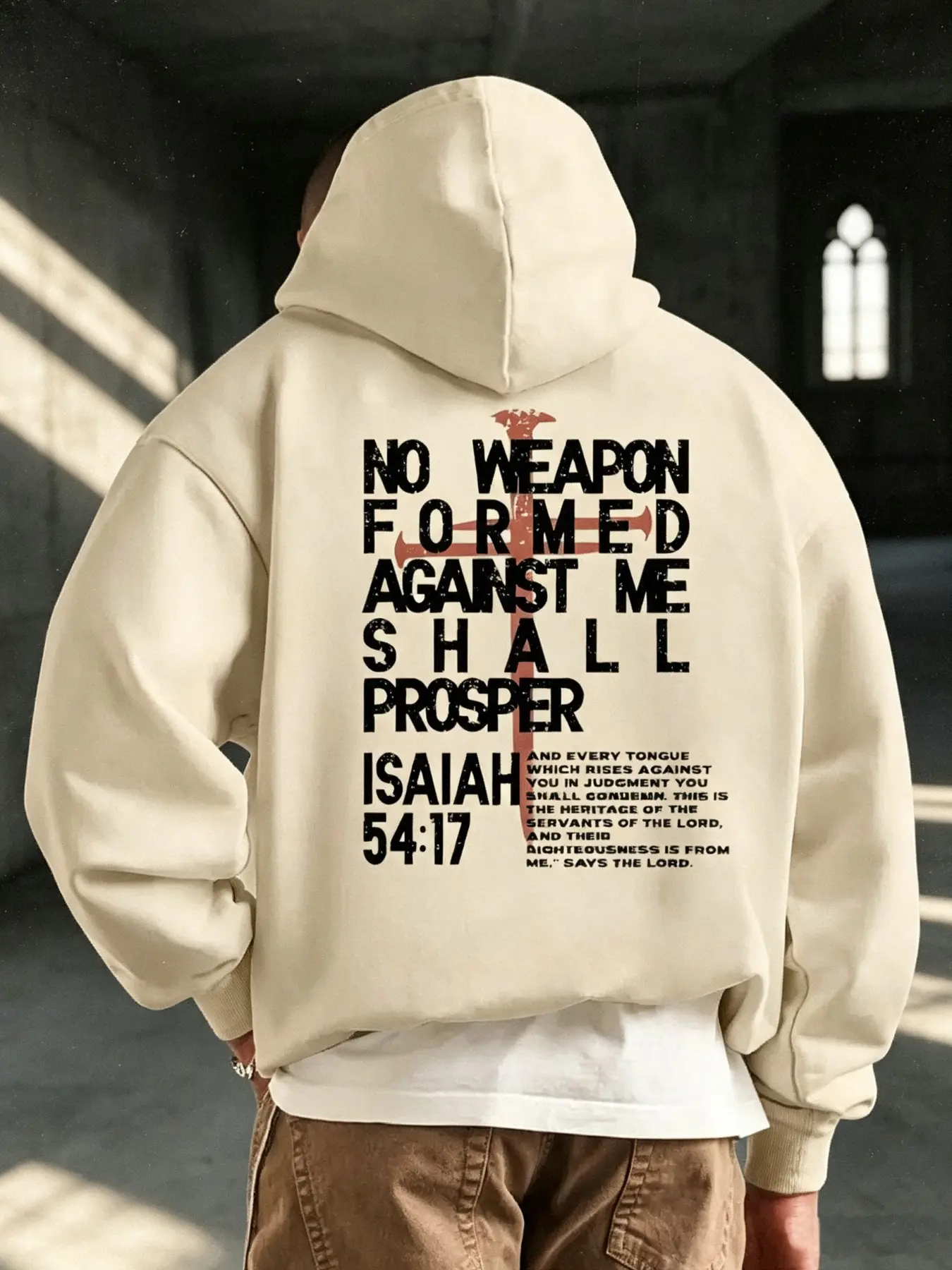 Men's Loose Fit Hooded Sweatshirt, Isaiah 54:17 Bible Verse, Cross Letter Print, Casual Christian Theme, Faith Inspired Hoodie, Long Sleeve Pullover