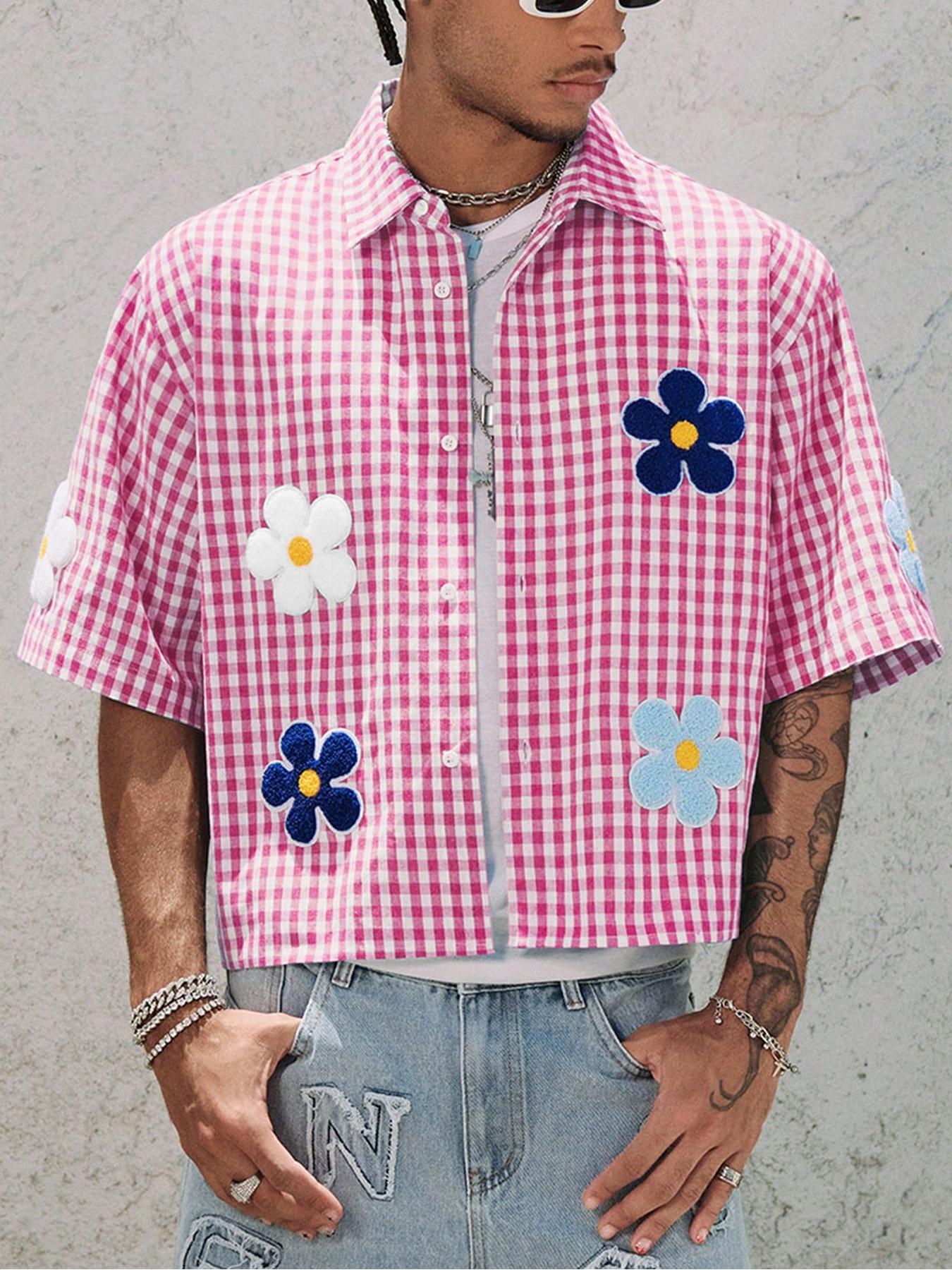 Men's Floral Embroidery Embroidered Short Sleeve Shirt, Regular Fit Casual Street Retro Gingham Plaid Graphic Button Front Top for Summer, Men's Clothes for Daily Wear, Menswear