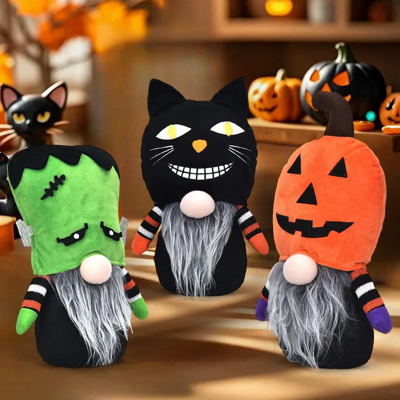 3 Pack Halloween Faceless Gnome Plush Doll Set - Frankenstein, Black Cat, Jack-o'-Lantern Designs with Long Grey Beard, Striped Knit Sleeve, Retro Hat - Kids Party Favor, Cabinet Decoration, Photo Prop - Gothic Doll Accessory, Cross-Border Wholesale, Evil