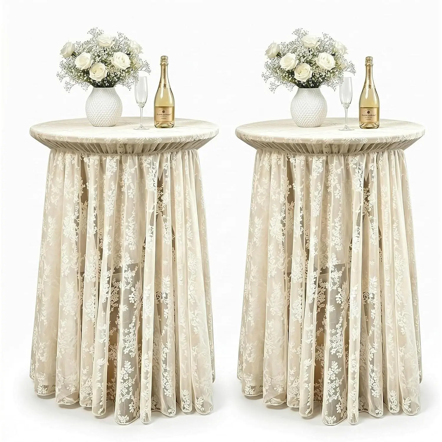 2-Pack Beige Khaki Lace Cream Fabric Cocktail Table Covers, Stretch High Top Highboy Tablecloths with Ruffle Skirt, Wrinkle-Resistant, for Wedding Banquet Home Tables Decor (32" Dia x 43" H)
