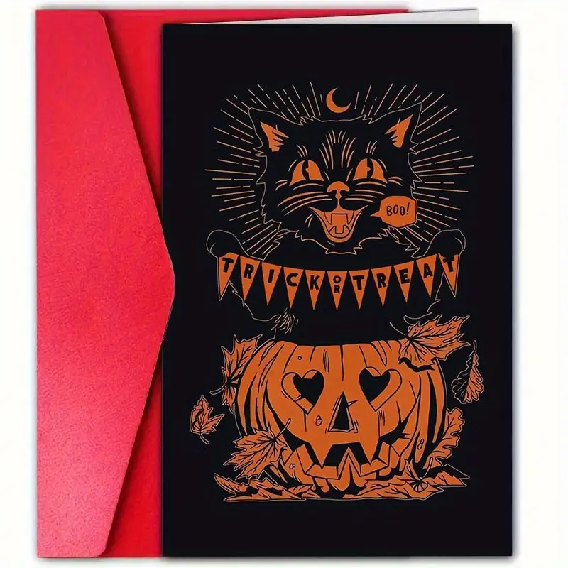 Vintage Halloween Card with Envelope, Mischievous Cat & Pumpkin Head Design, Large Party Invitation, Fun Halloween Decor, Easy-To-Write Back