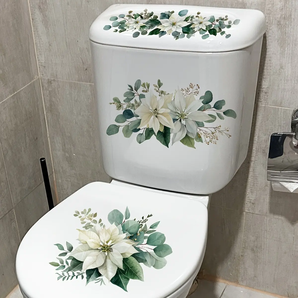 Watercolor Eucalyptus Floral Toilet Sticker Set, Waterproof Removable Bathroom Decals, Natural Style Home Decor Accessories