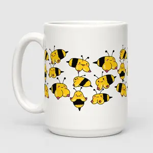 Heart Cluster Cute Chubby Kawaii Bumblebee 15oz Large White Ceramic Mug,Group Of Fluffy Cartoon Bees Heart Shaped Arrangement Printed Coffee Cup,Whimsical Cottagecore Spring Bee Lover Oversized Daily Drinkwar