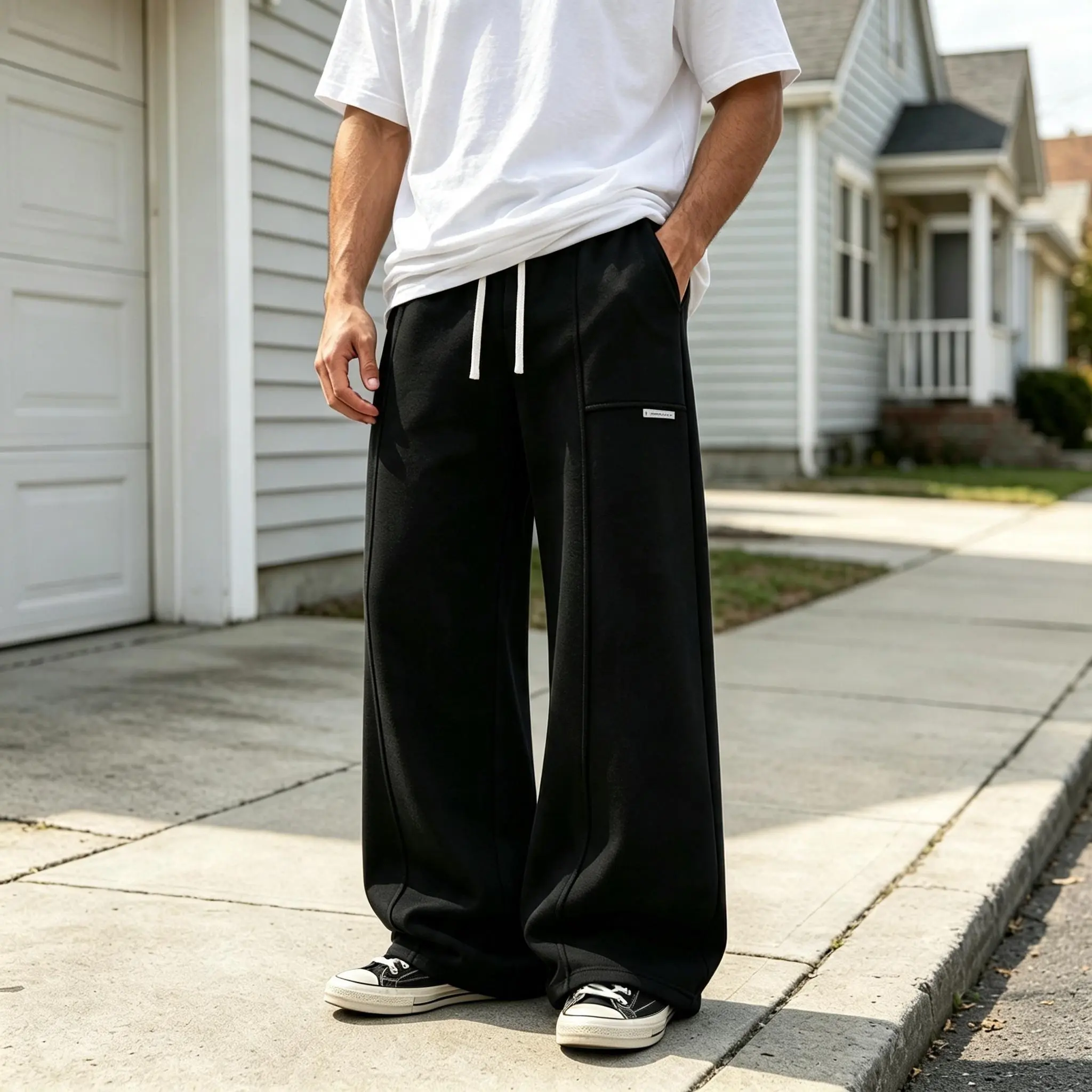 Men Spacious Wide‑Leg Sports Jogger Bottoms, Clean‑Silhouette Street‑Inspired Trousers, Stretch Drawstring Waistband, Functional Front Patch Pouch, Delicate Stitching Accent, Relaxed‑Cut Pants for Urban Strolling and Casual City Outings