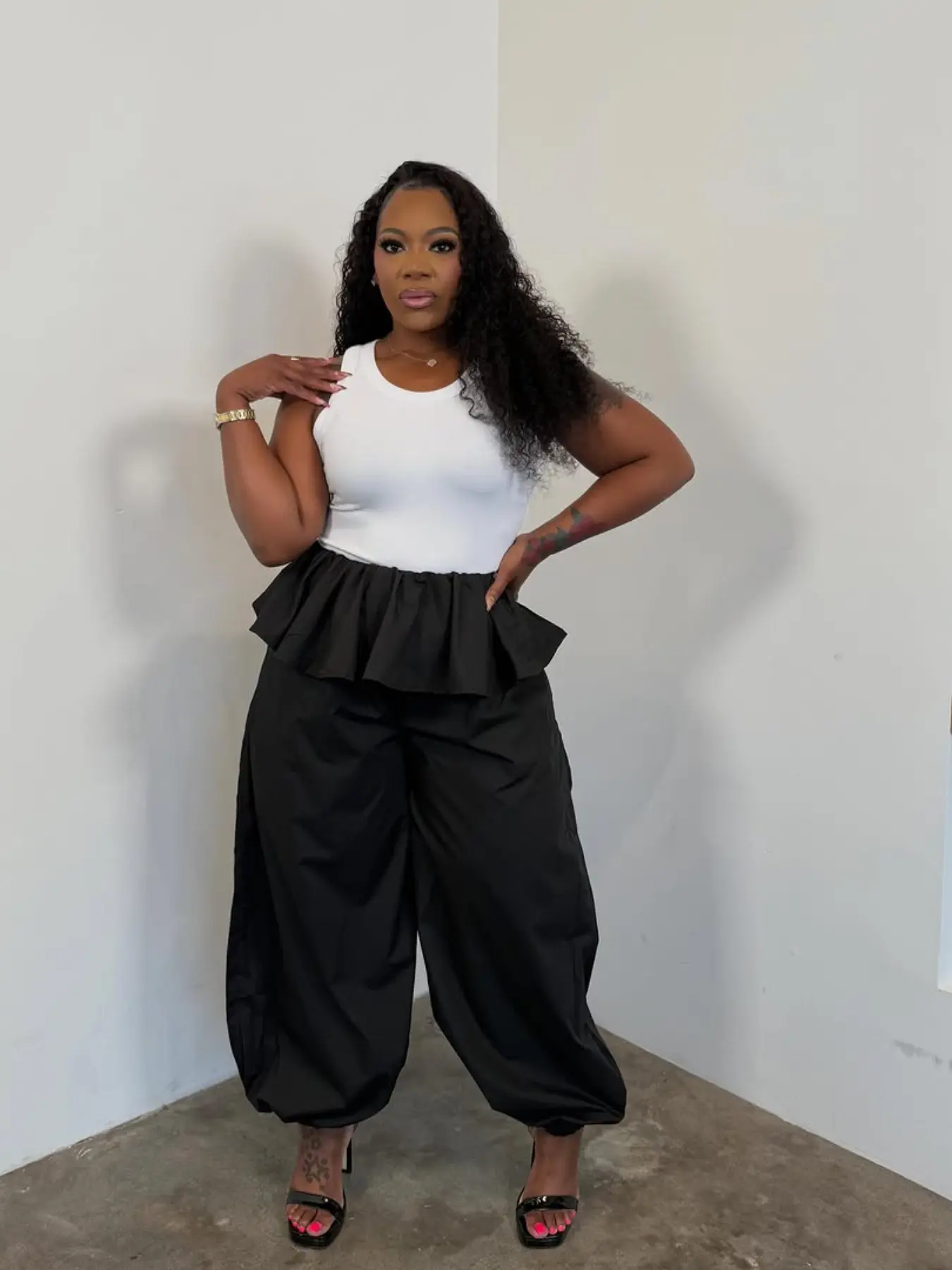 New Two-Piece Ruffle Waist Solid Color Elastic Waist Casual Flower Bud Wide Leg Cuffed Lantern Pants, Comfortable and Stylish Bottoms