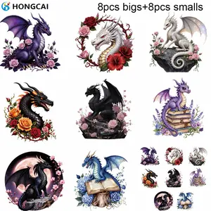 Trendy Heat Transfer Stickers Set, 16 Pieces, Rose Dragon Magic Book Design, DIY Clothing Decoration, Fashion Essential Accessories