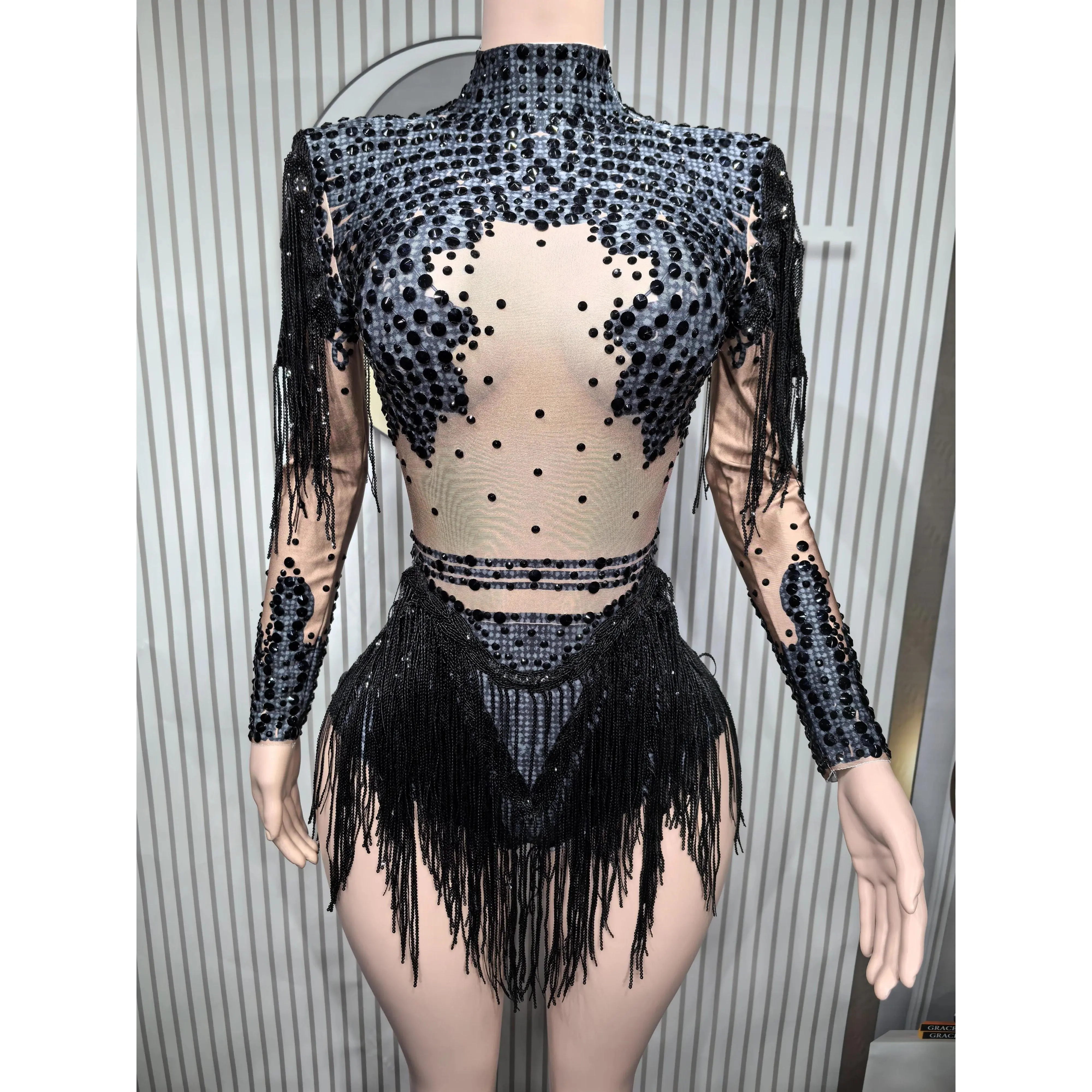 Gold Silver Sequins Tassel Elastic Bodysuit Sex)Pole Latin Dance Stage Wear Nightclub  DJSinger Dancer Performance Costume  Q025