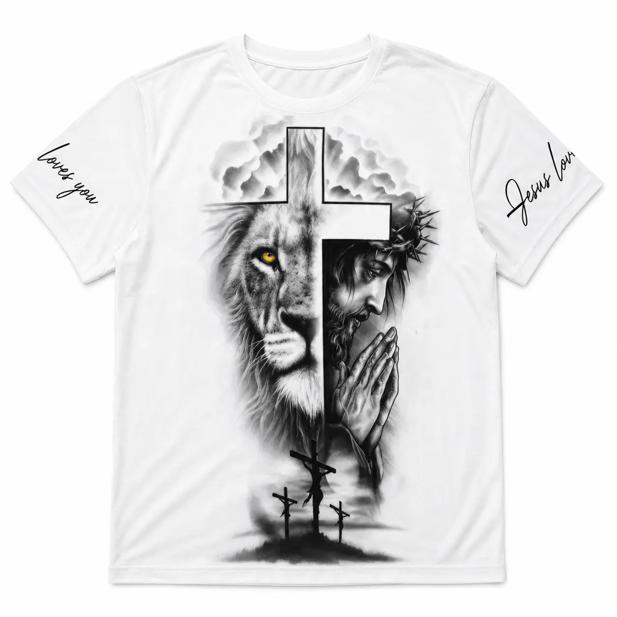 Men's Jesus praying beside a cross and lionGraphic T-Shirt, Short Sleeve Crew Neck AllOver Print Tee, Casual Statement Top, Jesusand lion shirt, Christian cross tee, faith T-shirt,religious apparel, inspirational gift, EverydayWear, Weekend