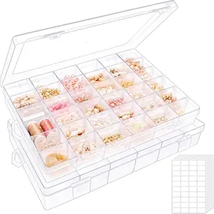2 Pack Clear Bead Organizer Tackle Box with Adjustable Dividers for Jewelry Art Craft Containers 36 Grids Compartment with 5 Sheets Label Stickers