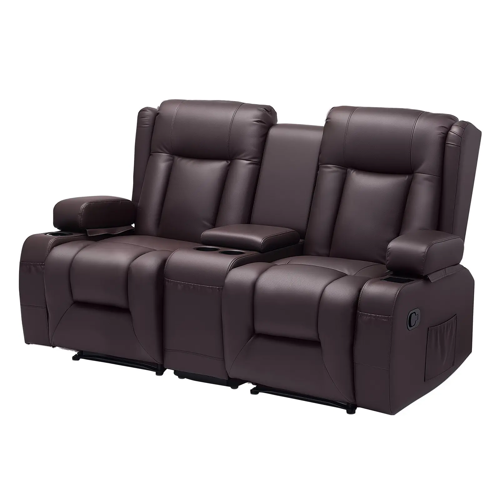 【Summerfinds】VEVOR Dual Manual Recline 2-Person Loveseat Sofa with Center Console, PU Faux Leather, Armrest, USB Ports, Cup Holders, Storage Bags, for Living Room/RV Owners, Brown, Manual Recline Loveseat Sofa