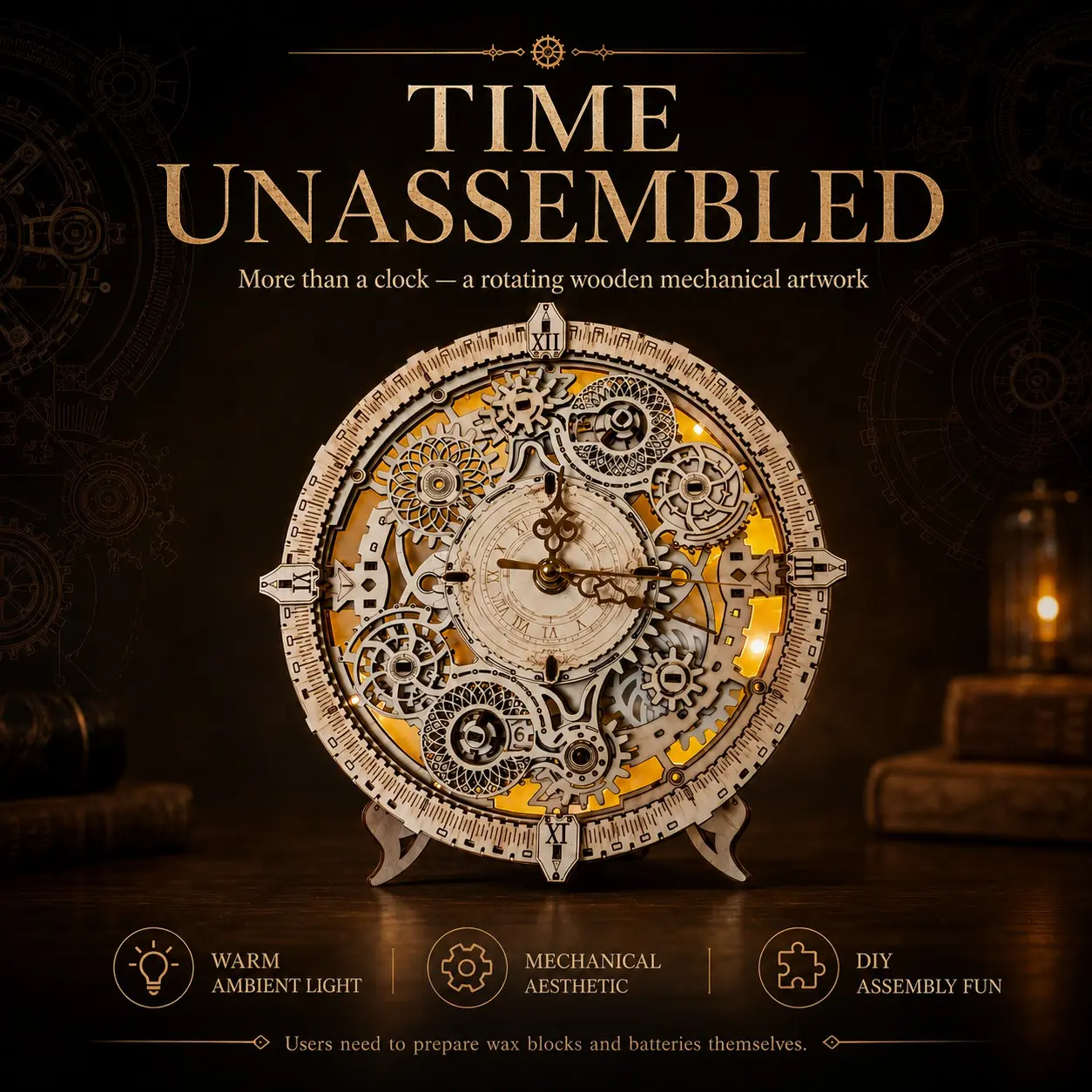 106pcs Wooden Mechanical Clock 3D Puzzle Kit, Vintage Gear Rotating Desk Clock with Warm LED Lights, DIY Wood Artwork Decor Gift for Men