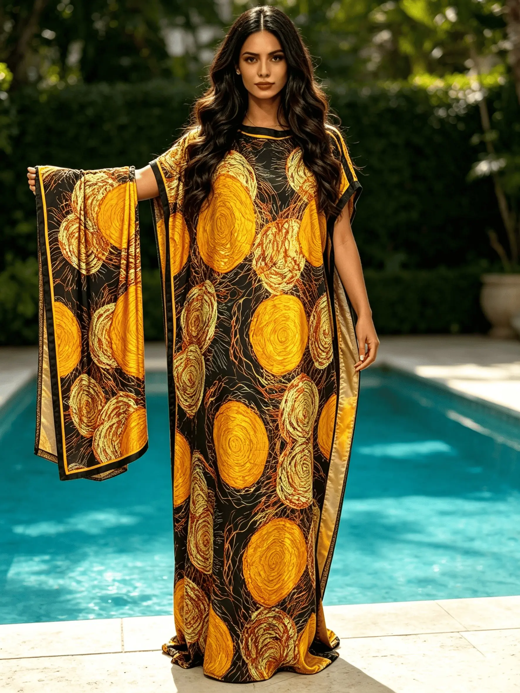 Women Oversized Black Vintage Large Gold Circular Printed Caftan Maxi Dress Two Piece Outfit With Scarf, Chic Loose Flowy Split Side Kaftan Robe, Curvy Friendly Plus Size Beach Cover Up, Soft Casual Resort Wear, Bohemian Lounge Night Gown, Summer Pool