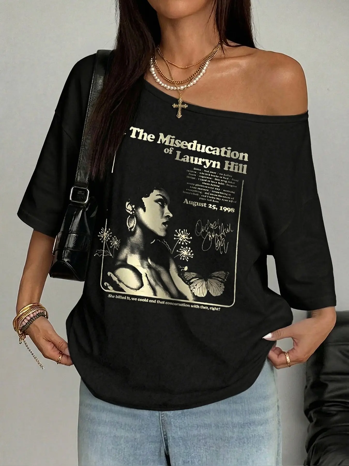 Vintage Lauryn Hill Graphic Off Shoulder Cotton T-Shirt | Y2K Streetwear Aesthetic | The Miseducation of Lauryn Hill Album Print | Casual Oversized Tee for Music Fans & Trendy Outfits | Soft Breathable Fabric | Retro 90s R&B Vibes | Summer Concert & Daily