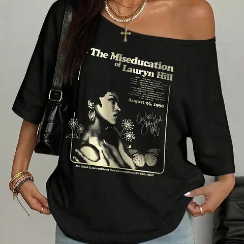 Vintage Lauryn Hill Graphic Off Shoulder T-Shirt | Y2K Streetwear Aesthetic | The Miseducation of Lauryn Hill Album Print | Casual Oversized Tee for Music Fans & Trendy Outfits | Soft Breathable Fabric | Retro 90s R&B Vibes | Summer Concert & Daily