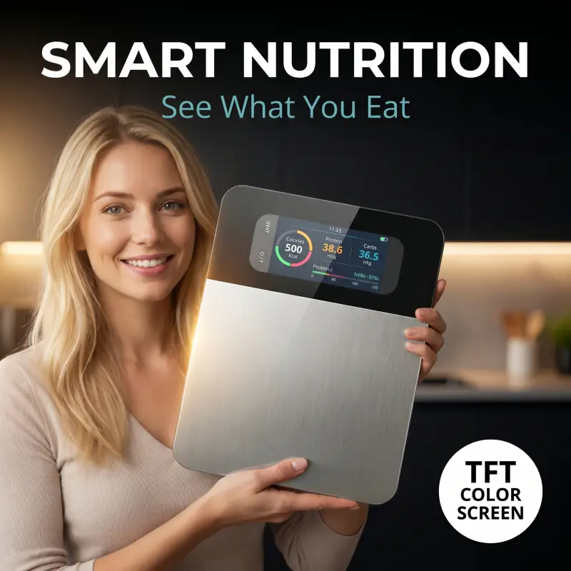 Smart kitchen scale, digital weighing scale with nutrition calculator, HD TFT screen, Bluetooth APP sync for 999+ foods, calorie & nutrition tracking, max 5000g capacity