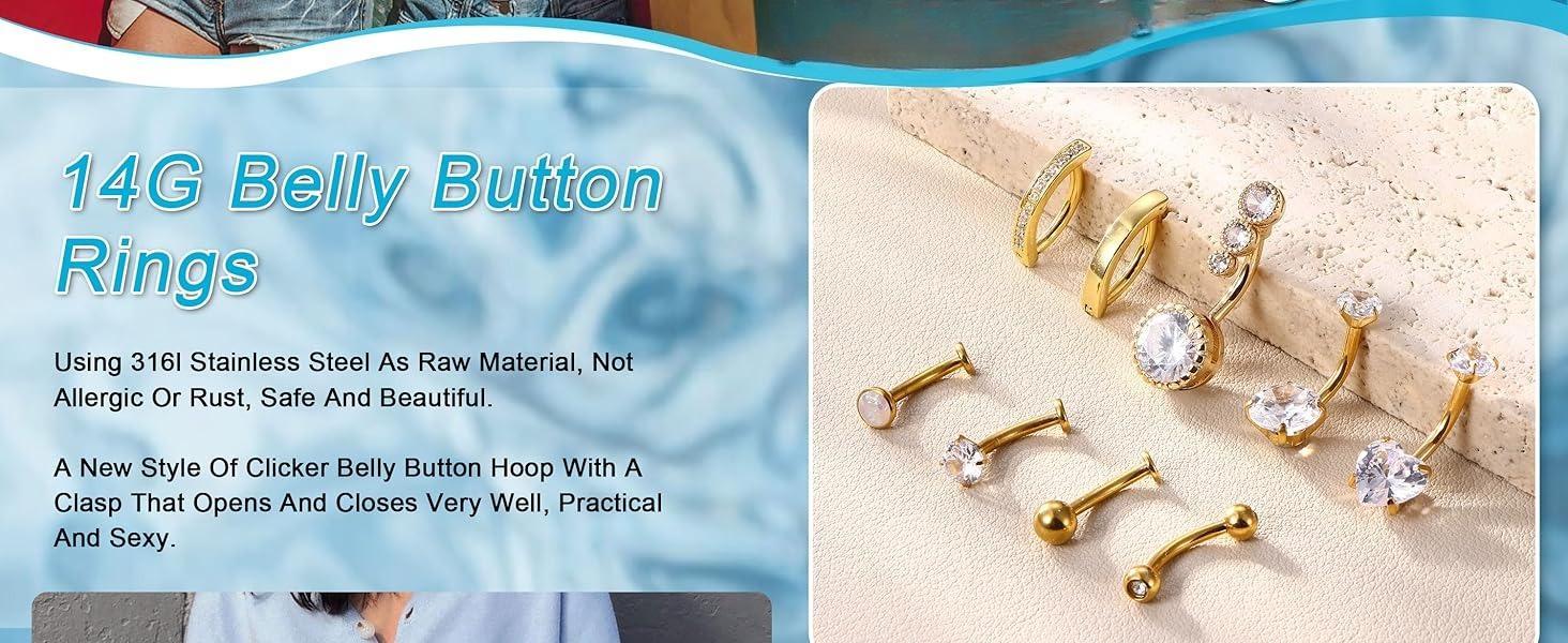 YADOCA 9 Pcs Gold Belly Button Ring - Surgical Stainless Steel Floating CZ Opal Heart Clicker Belly Piercings for Women Navel Belly Piercings Jewelry Pack Silver/Gold